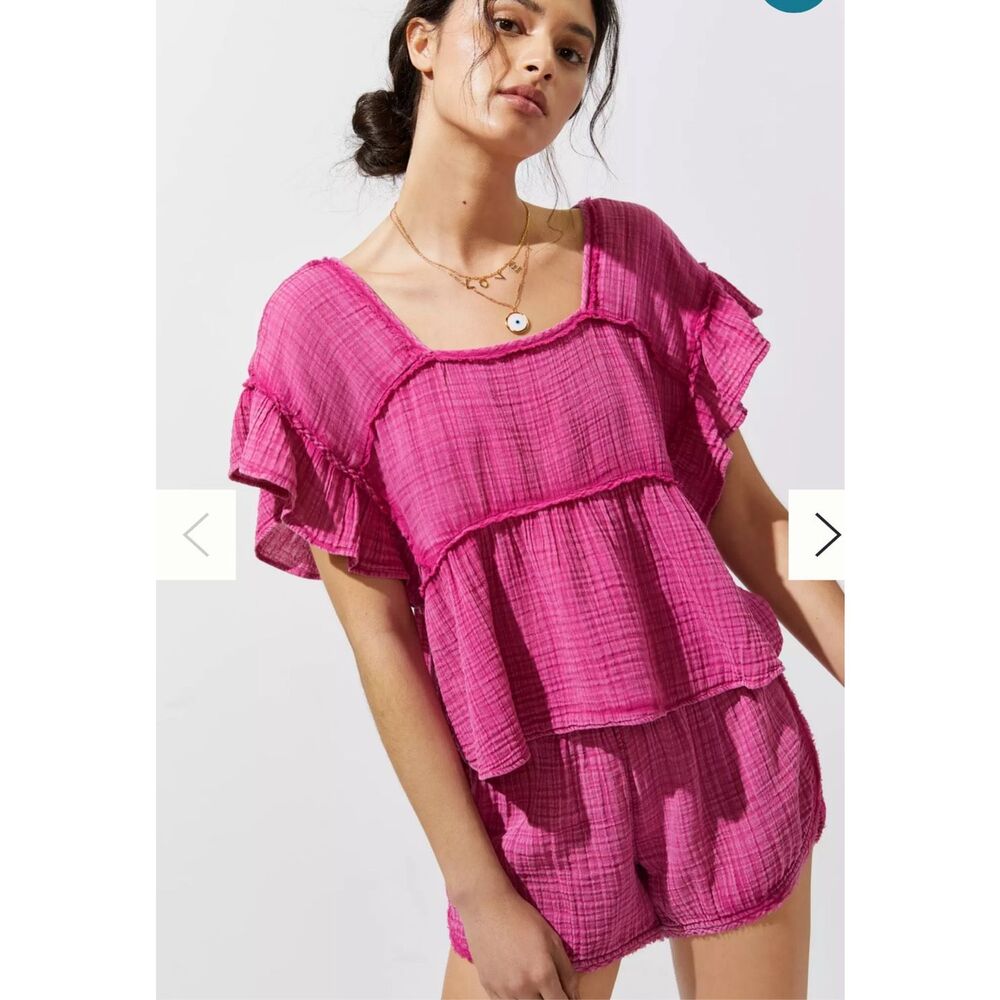 Anthropologie Daily Practice Pink Cotton Crinkled Gauze Peplum Babydoll